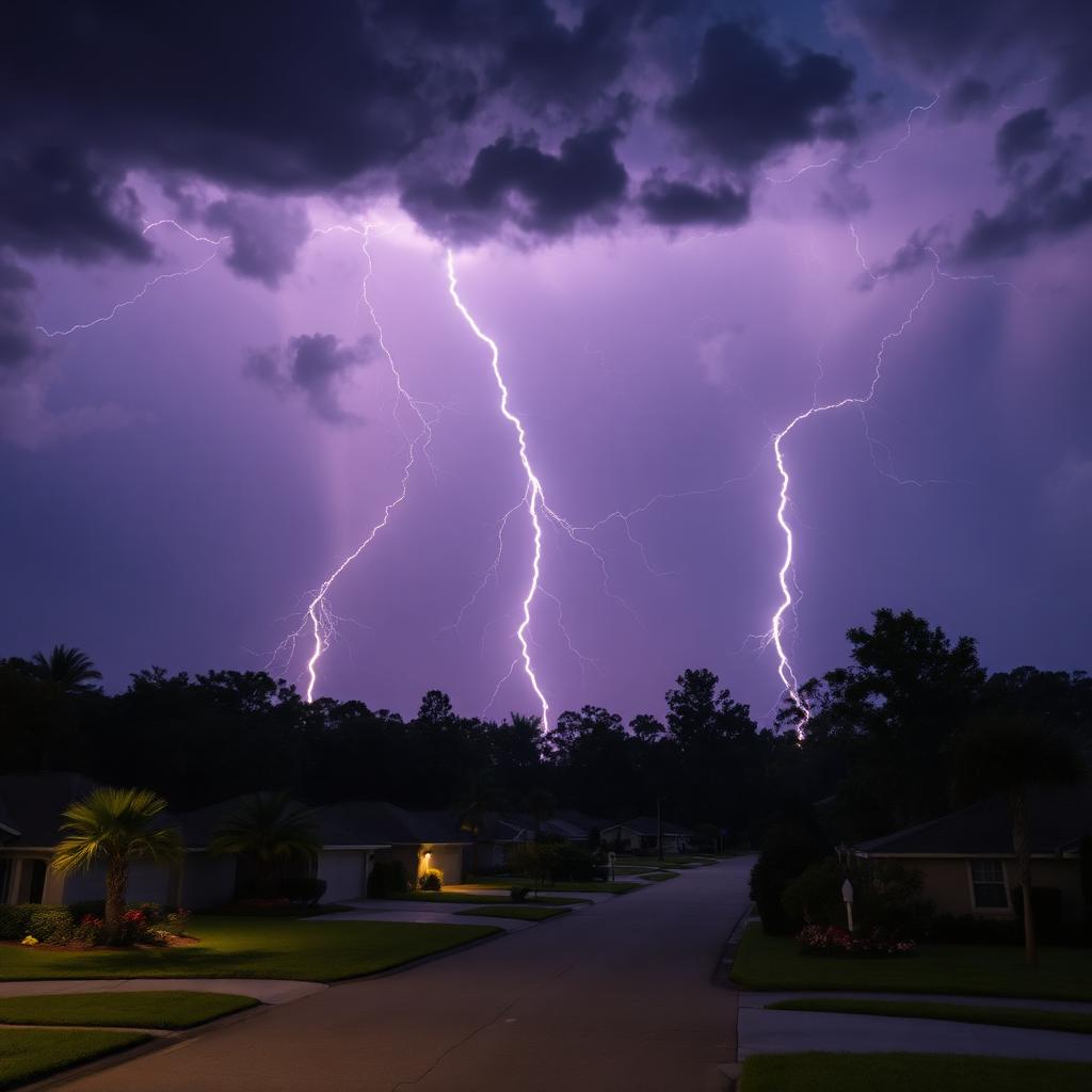 Lightning strike over a Florida home — storm damage restoration by American Roofing & Construction